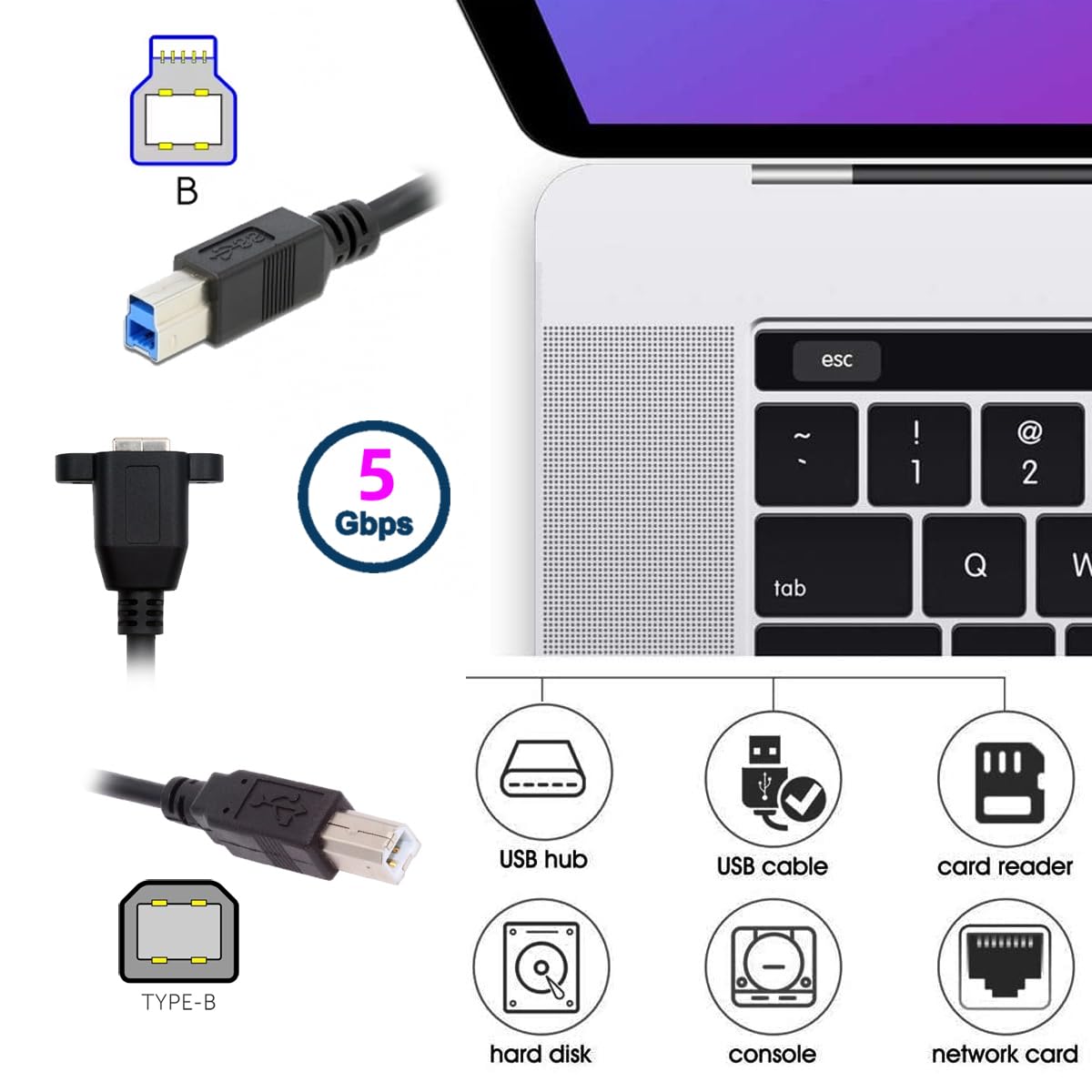 USB 3.0 Type-B Female to USB 2.0 Type-B Male Extension Cable | 5Gbps High-Speed Data Cord for SSD, Hard Drive, Camera