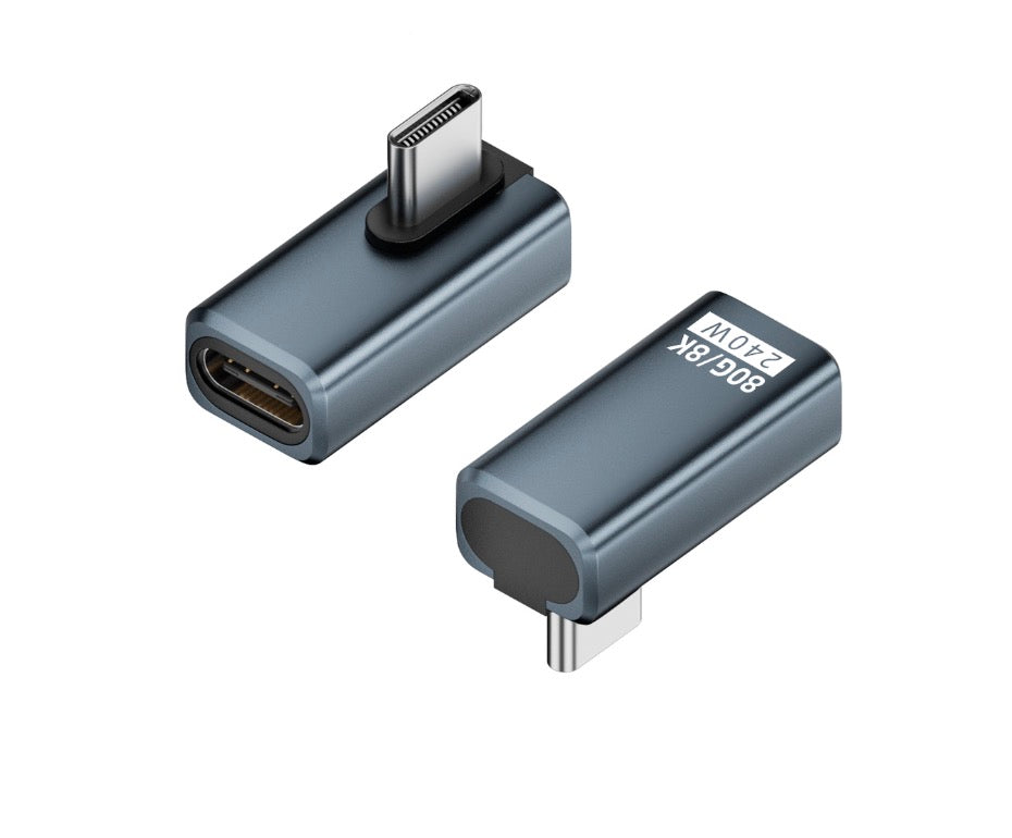 A black USB 4.0 Type-C male to female adapter with a reversible design and an aluminium alloy shell.