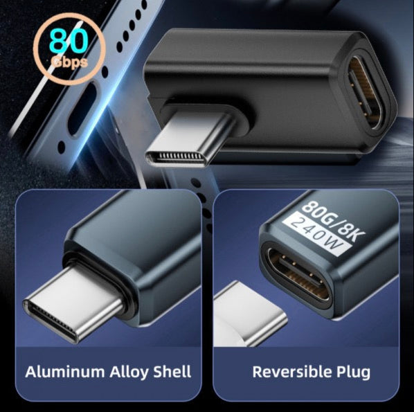 USB4 right angle USB-C male to female extension adapter supporting 80Gbps data and PD 240W charging (8K)