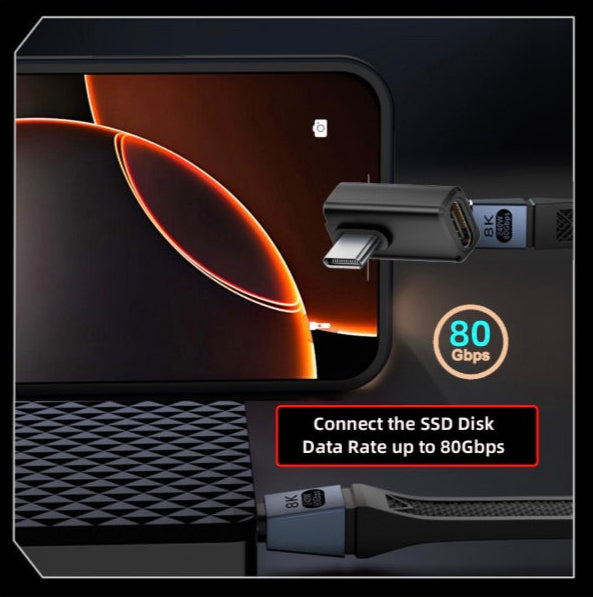 USB4 right angle USB-C male to female extension adapter supporting 80Gbps data and PD 240W charging (8K)