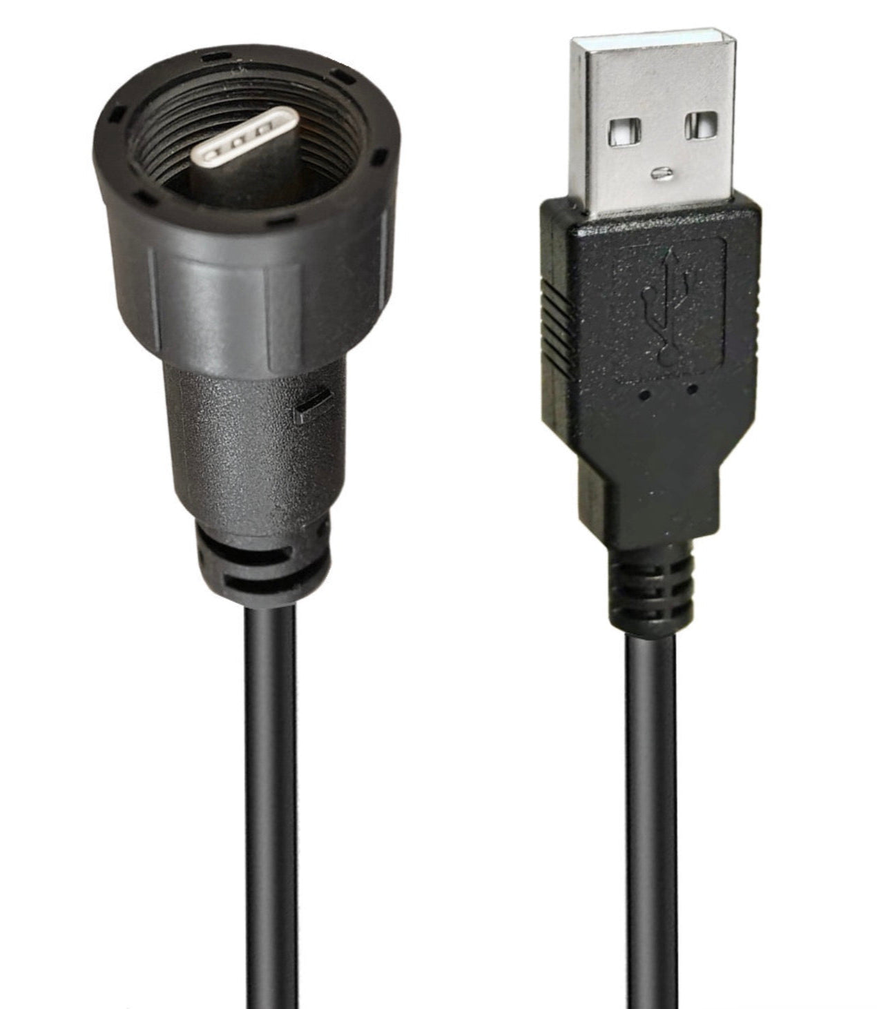 A black USB 2.0 A male to USB C waterproof cable with a 360-degree rotating connector and a straight USB-C connector.