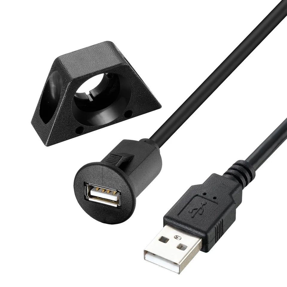 A black USB 2.0 male to female flush mount extension cable with a USB connector on one end and a panel mount connector on the other.