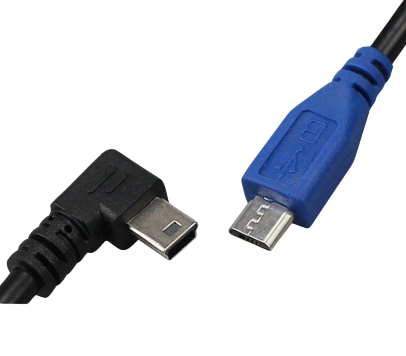 A black USB 2.0 Type Micro-B to USB Mini-B OTG Cable with a right-angled connector on one end and a standard USB connector on the other.