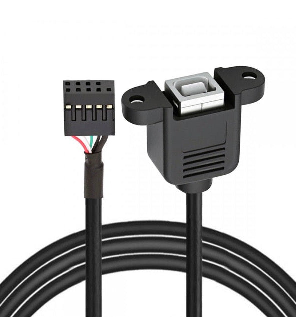 A black USB 2.0 Type B female panel mount extension cable with a 9-pin header connector on one end and a standard USB 2.