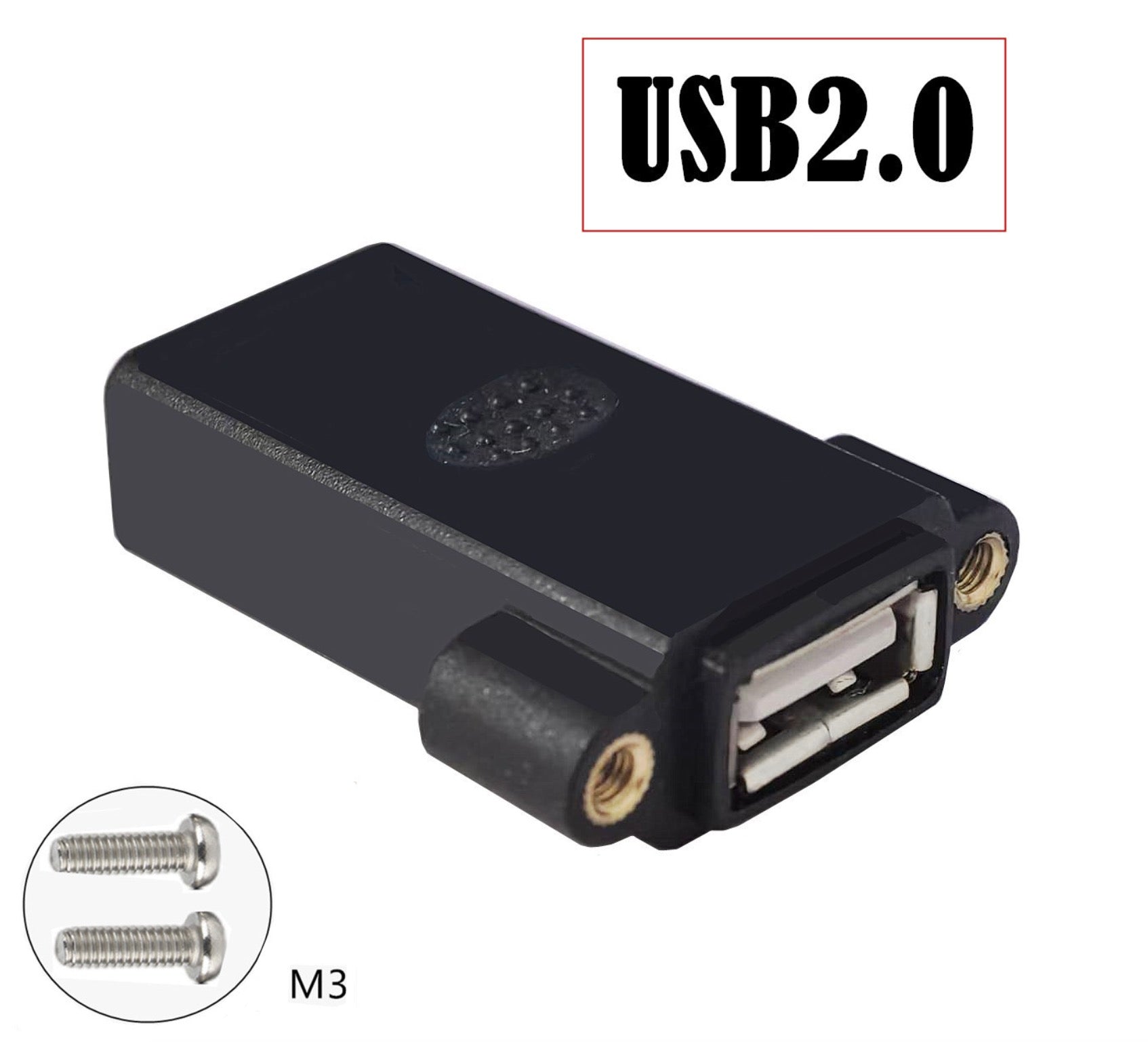Black USB 2.0 adapter with screws on a white background