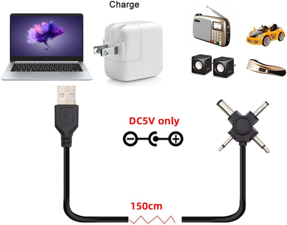 USB 2.0 A Male to 5.5x2.1mm, 4.0x1.7mm, Mono 3.5mm, 2.5mm DC Power Plug Barrel Connector Charging Cable 5V
