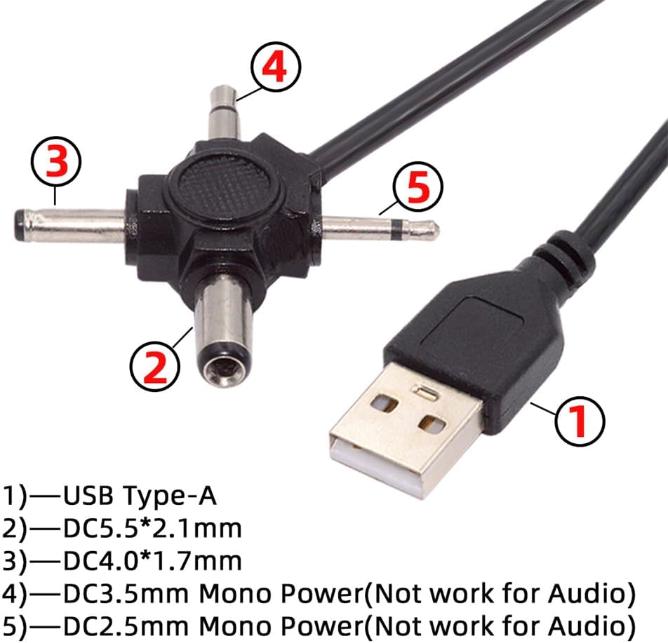 USB 2.0 A Male to 5.5x2.1mm, 4.0x1.7mm, Mono 3.5mm, 2.5mm DC Power Plug Barrel Connector Charging Cable 5V