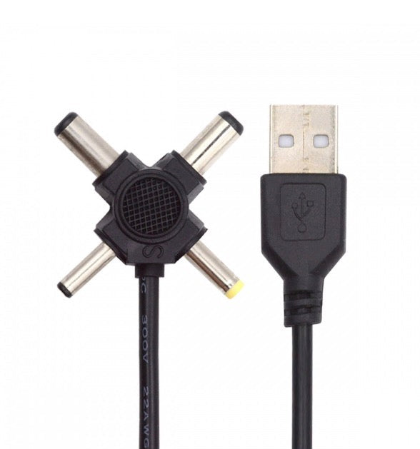 A black USB 2.0 A Male to DC power plug barrel connector cable with multiple interchangeable connectors