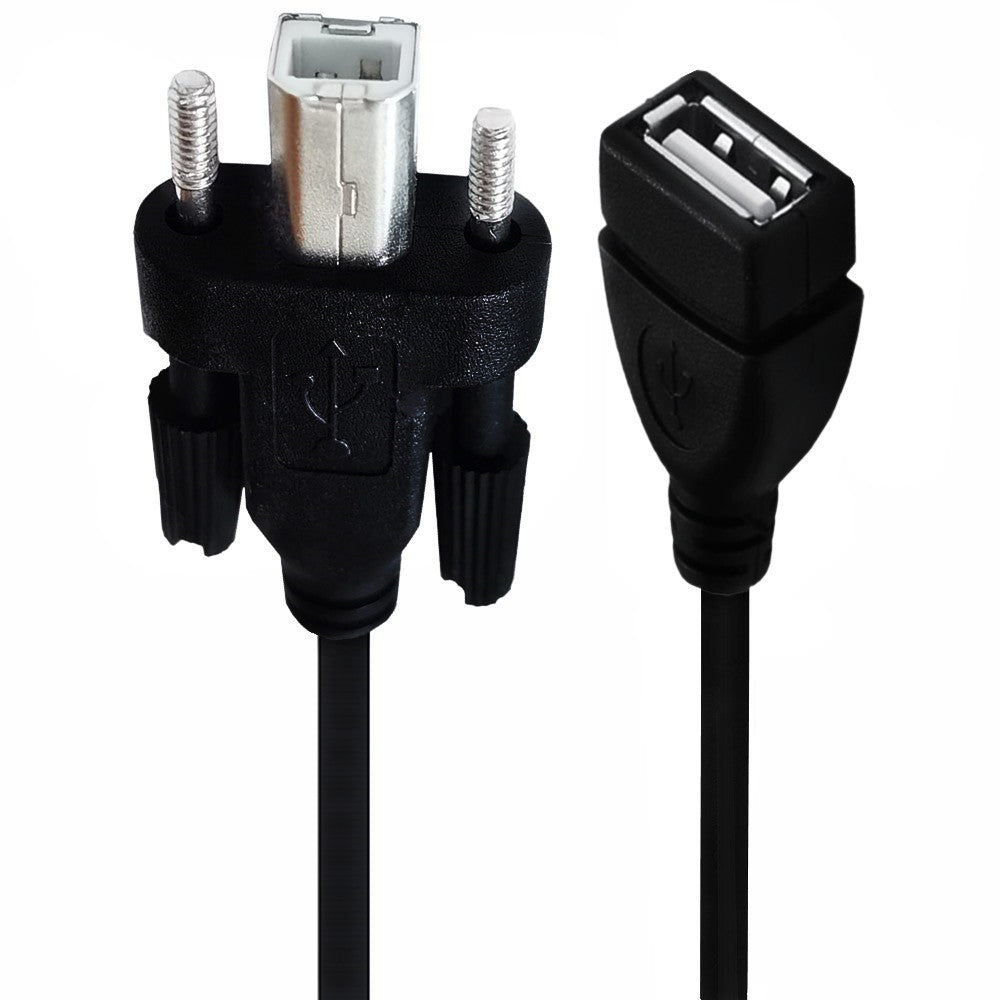 A black USB 2.0 printer cable with a USB Type A Female connector on one end and a USB Type B Male connector on the other, designed for panel mounting.