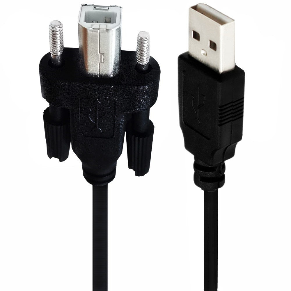 The image shows a black USB 2.0 printer cable with a USB A male connector on one end and a USB B male connector on the other, both panel mounted.