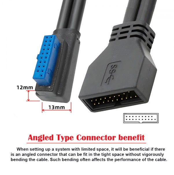 Angled type connector with blue and black cable on a white background