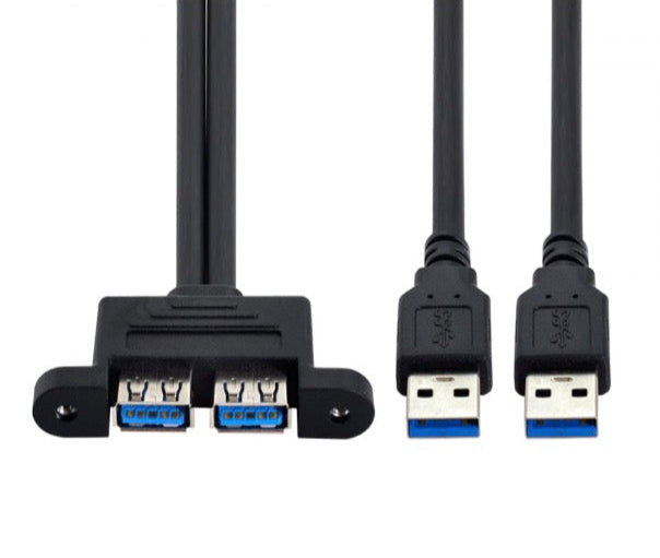 USB 3.0 dual port panel mount cable with USB-A male to dual USB-A female extension connectors