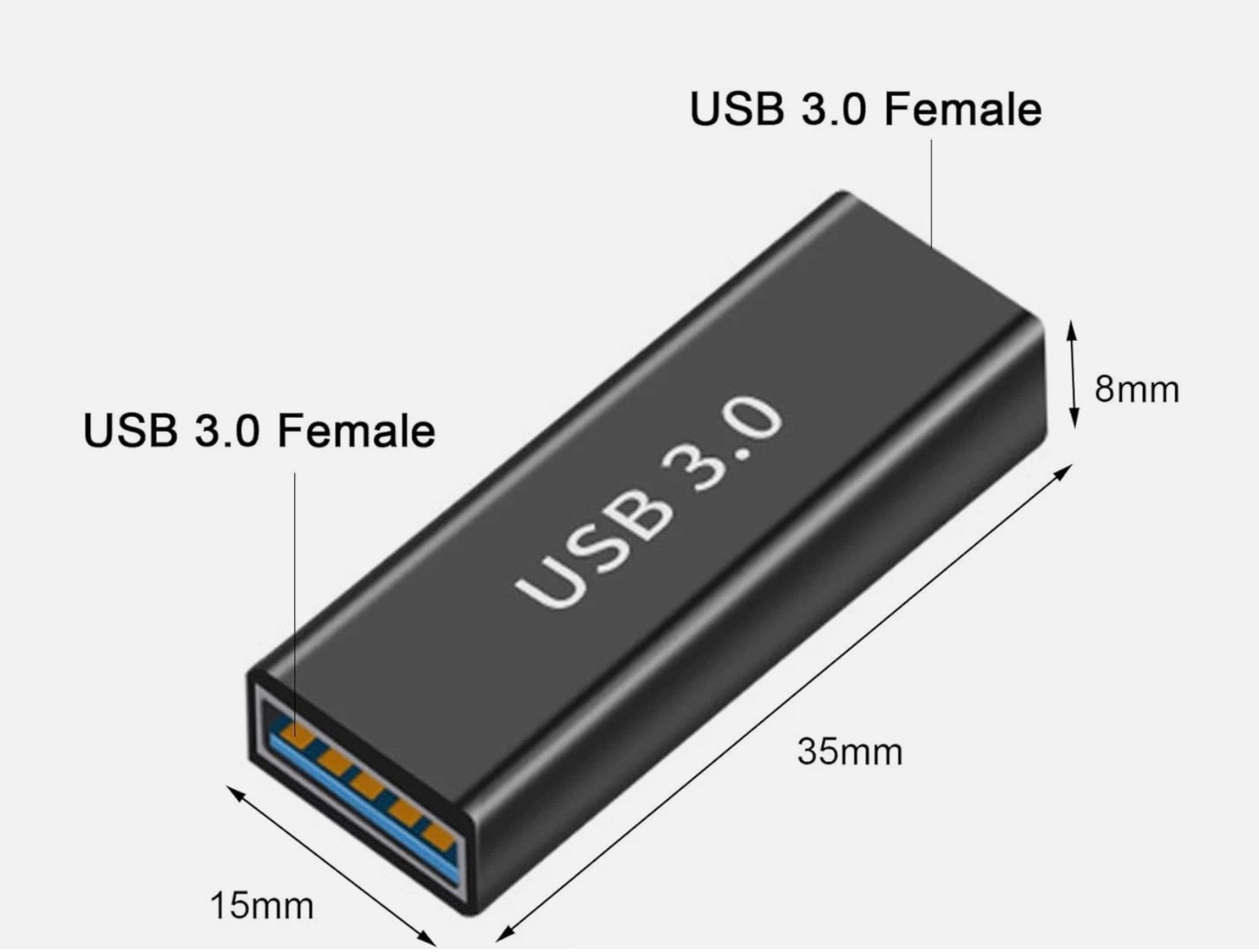 USB 3.0 female connector with dimensions labeled on a white background
