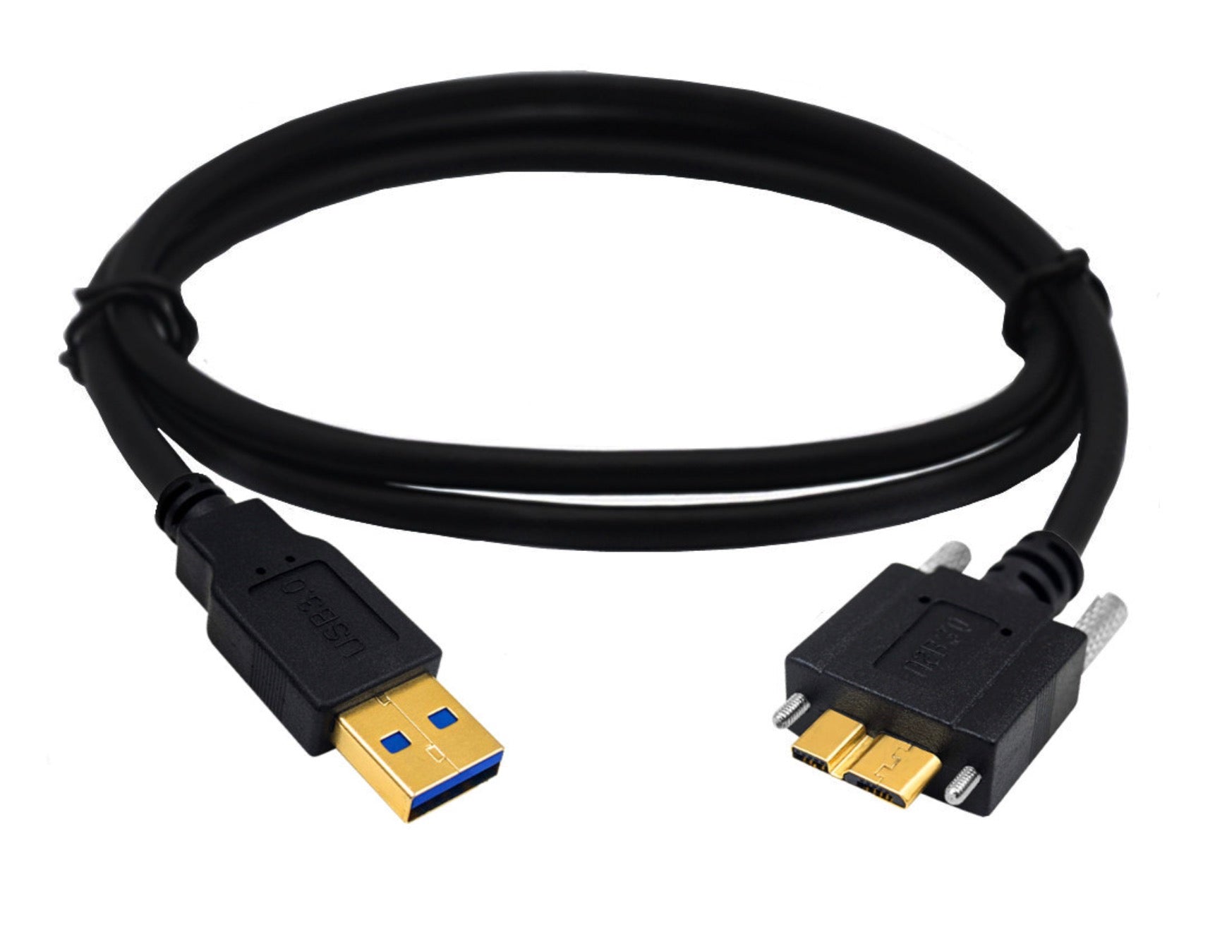 A black USB 3.0 A Male to Micro-B cable with gold-plated connectors and a locking screw panel mount connector.