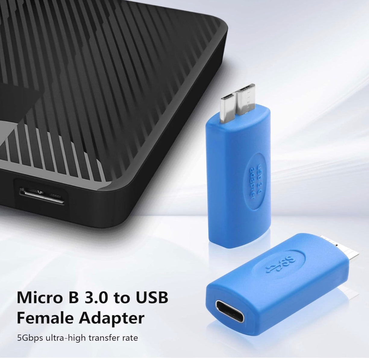 USB 3.0 Micro-B male to USB-C female adapter for external hard drive data transfer
