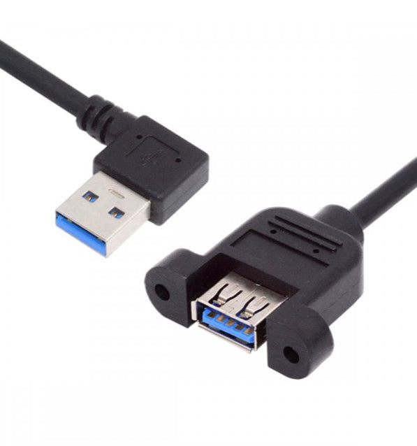 USB 3.0 panel mount cable with USB-A male to USB-A female extension connector and M3 mounting screws, right-angle