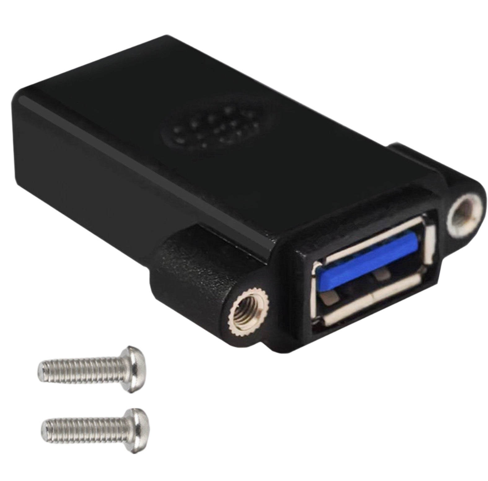Black USB adapter with screws on a white background