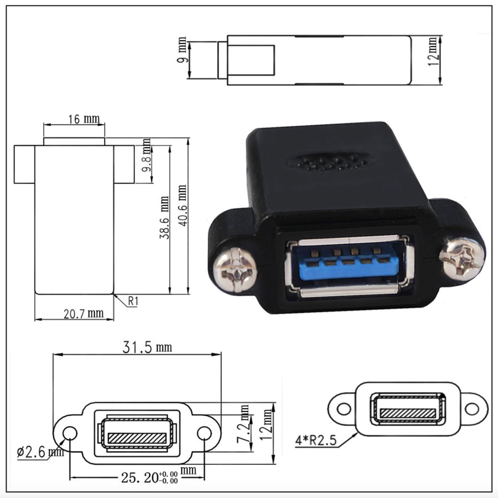 Black USB adapter with detailed measurements and diagrams.