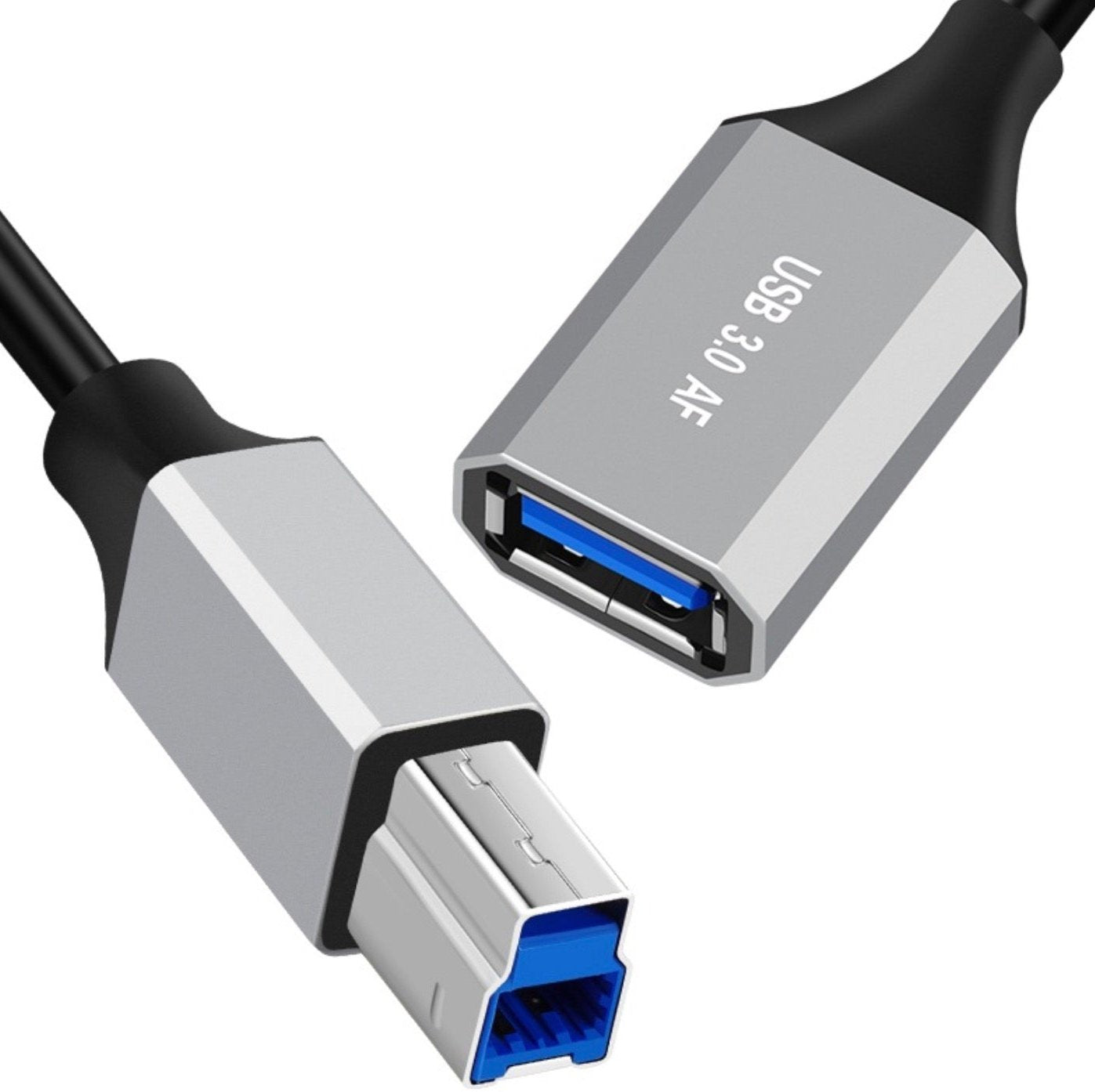 A black USB 3.0 Type A Female to Type B Male data charging extension cable.
