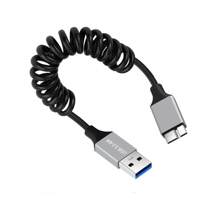 A black coiled cable with a USB 3.0 Type A Male connector on one end and a Micro B connector on the other, compatible with external hard drives.