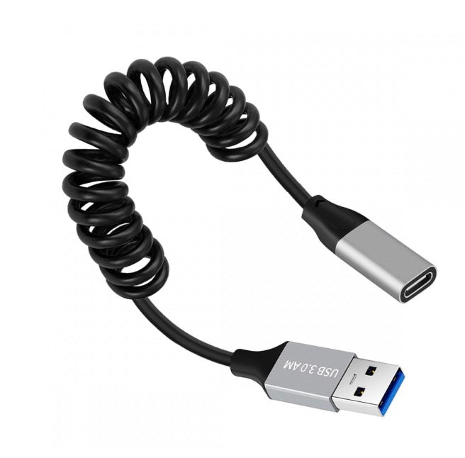 A coiled, black USB 3.0 to USB C cable with a Type A male on one end and a Type C female on the other.