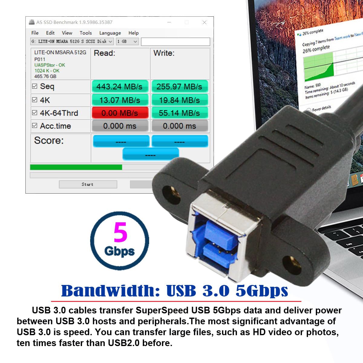 USB 3.0 cable with laptop and benchmark software displaying speed data