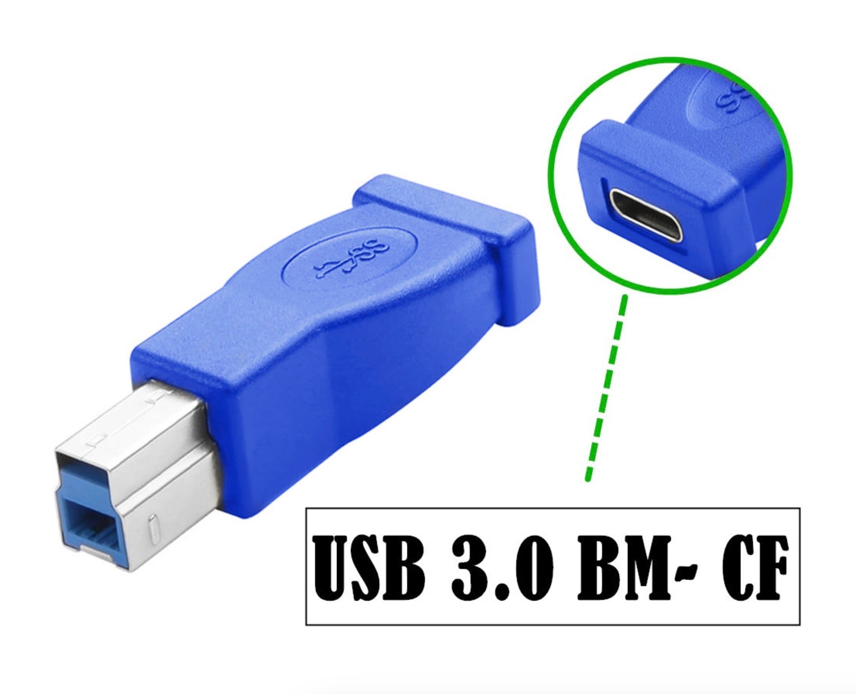 Blue USB 3.0 Type-B male to USB-C female adapter for 5Gbps SuperSpeed data connection
