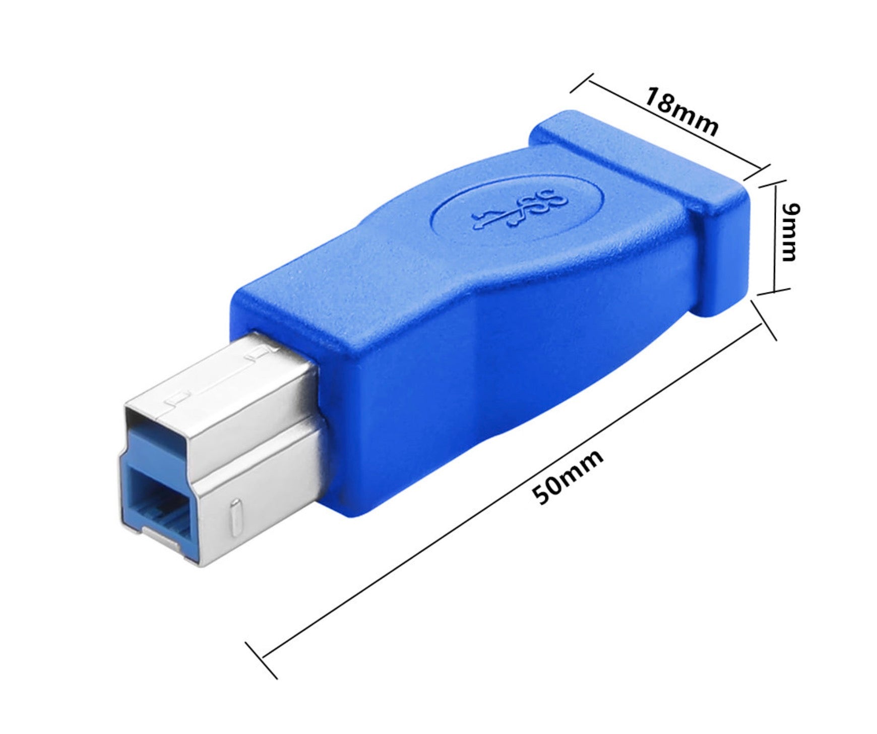 Blue USB 3.0 Type-B male to USB-C female adapter for 5Gbps SuperSpeed data connection