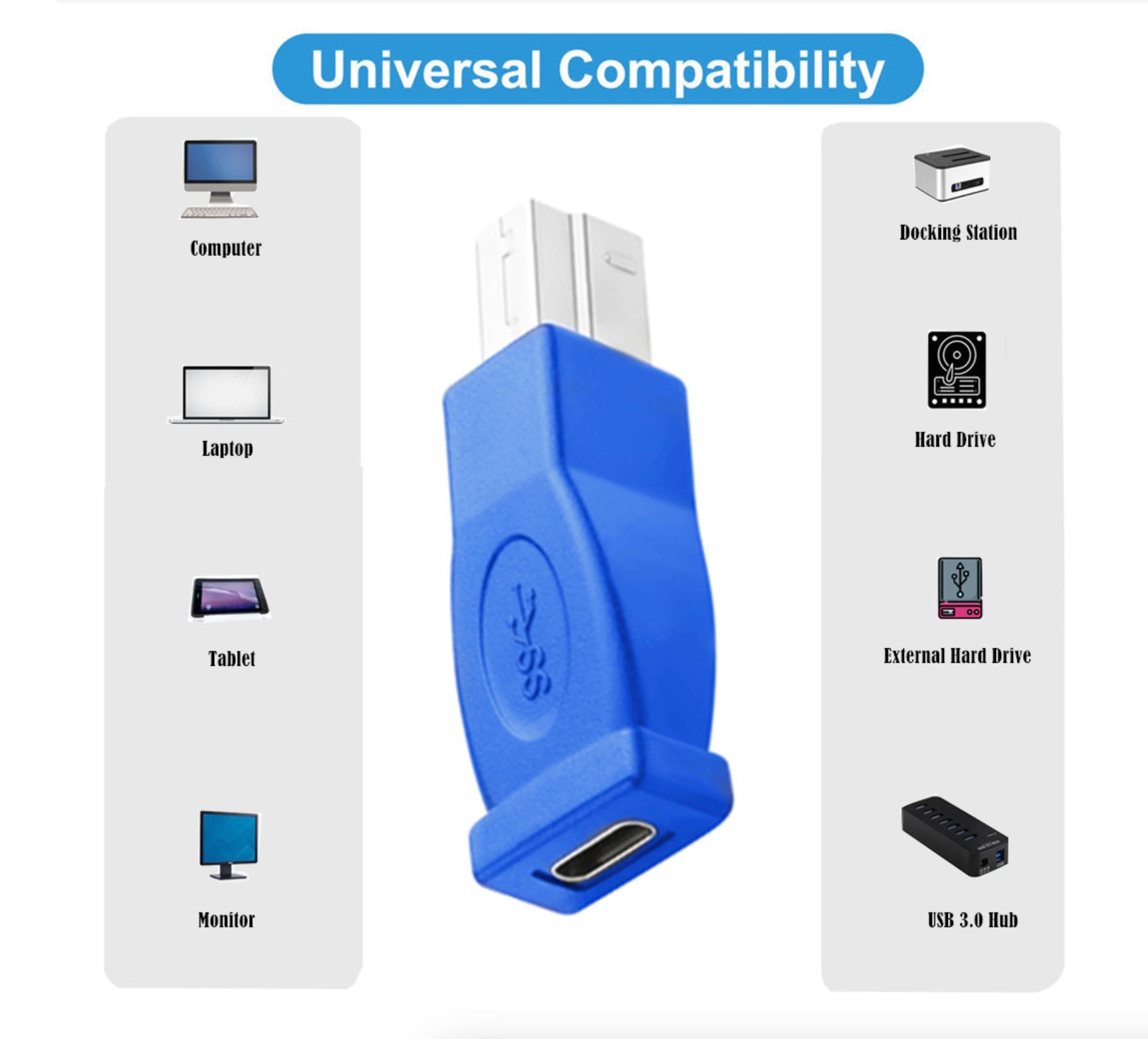 Blue USB 3.0 Type-B male to USB-C female adapter for 5Gbps SuperSpeed data connection