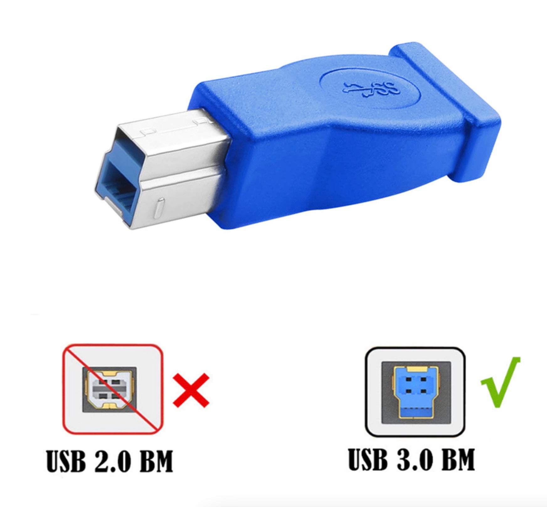 Blue USB 3.0 Type-B male to USB-C female adapter for 5Gbps SuperSpeed data connection