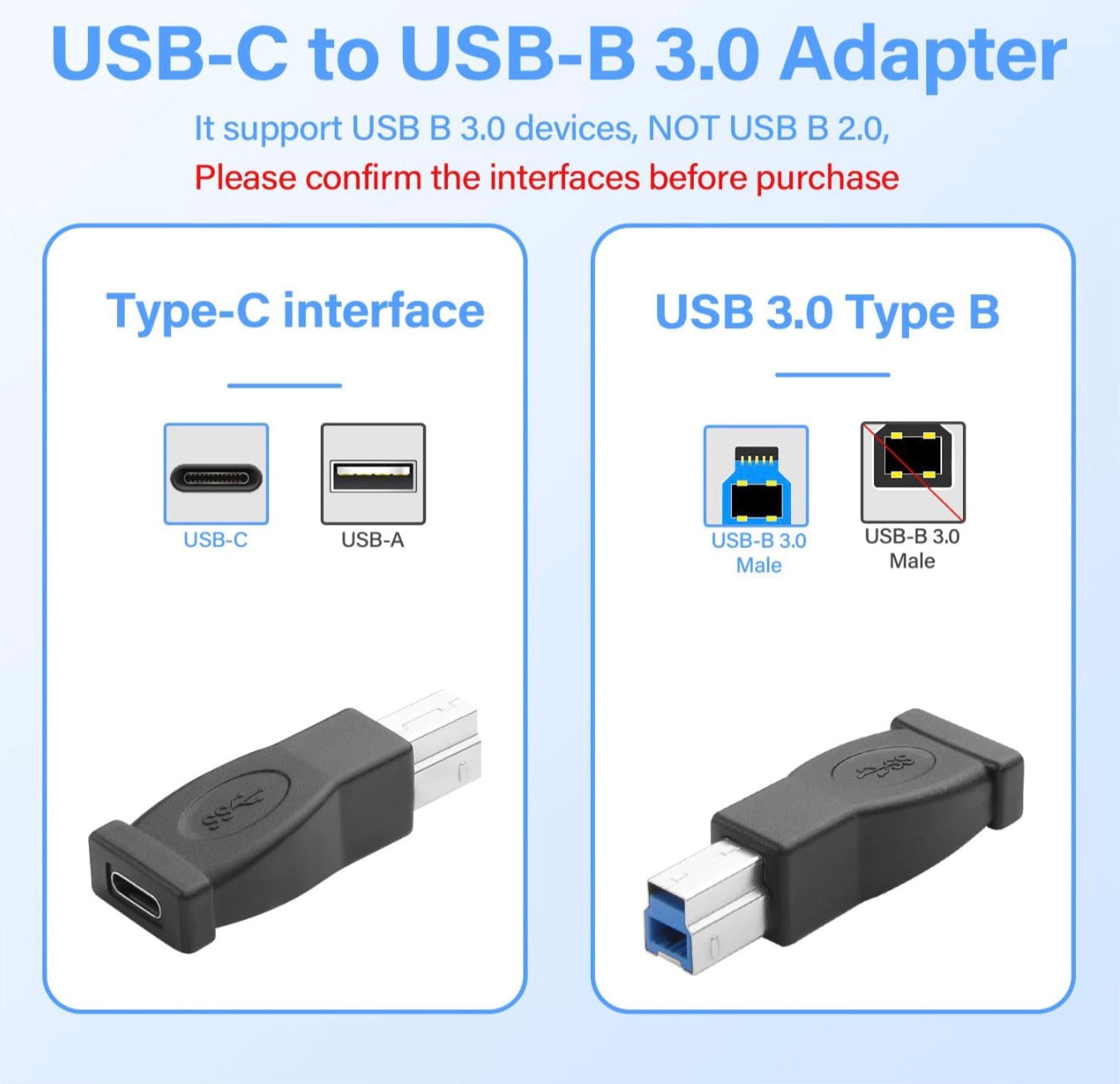 USB 3.0 Type-B male to USB-C female adapter for 5Gbps SuperSpeed data transfer