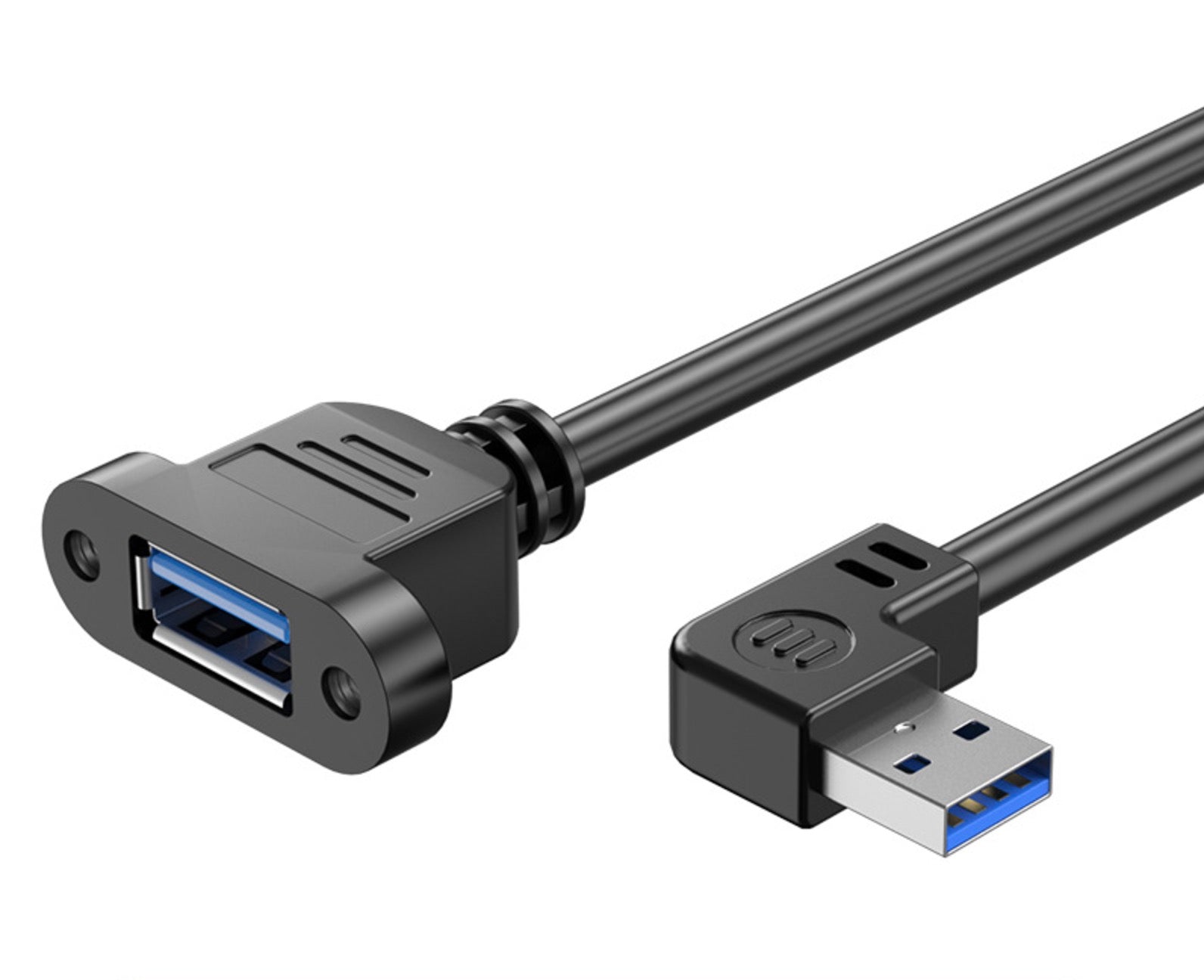 A black USB 3.0 cable with a left angle male to female panel mount extension connector on one end and a standard USB connector on the other.