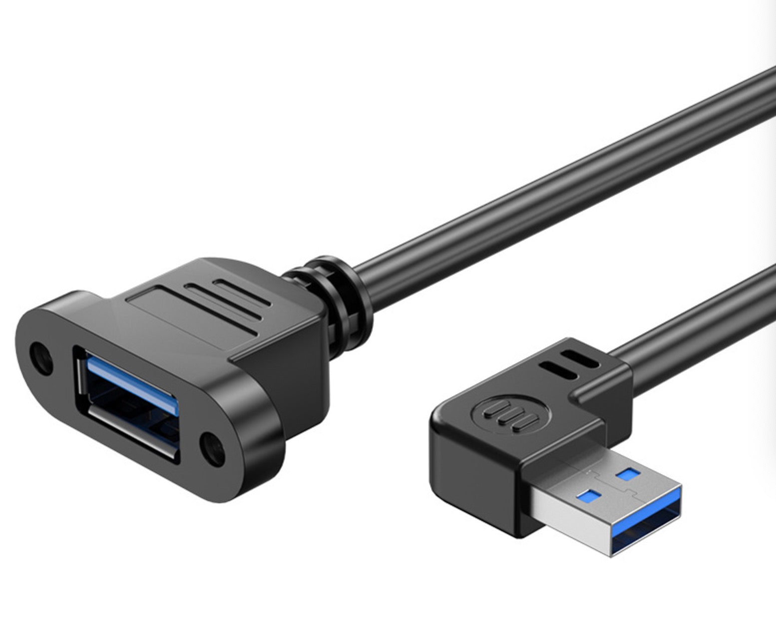 A black USB 3.0 cable with a right angle male to female panel mount extension connector on one end and a standard USB 3.