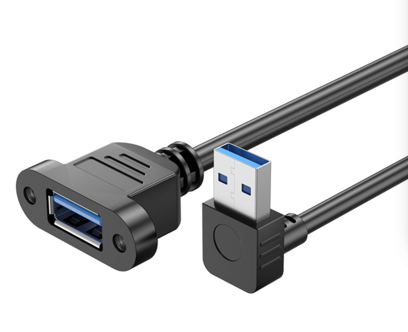 A black USB 3.0 cable with a male A to female B connector, designed for panel mounting.