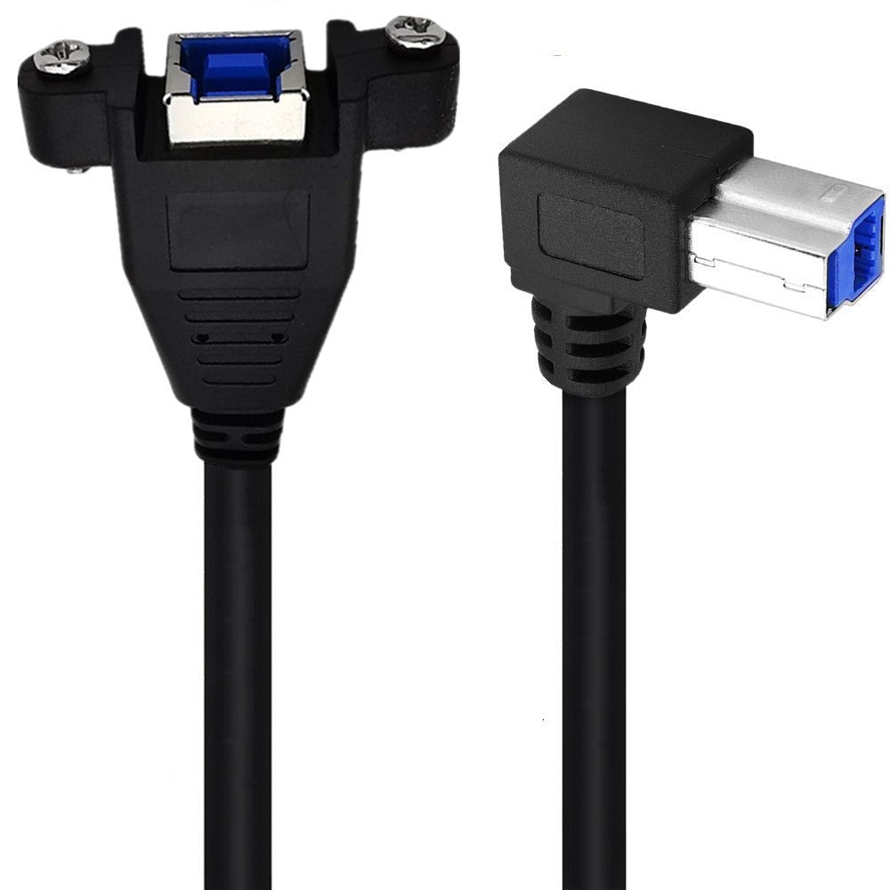 A black USB 3.0 Type B Male to USB 3.0 Type B Female extension cable with panel mount features.
