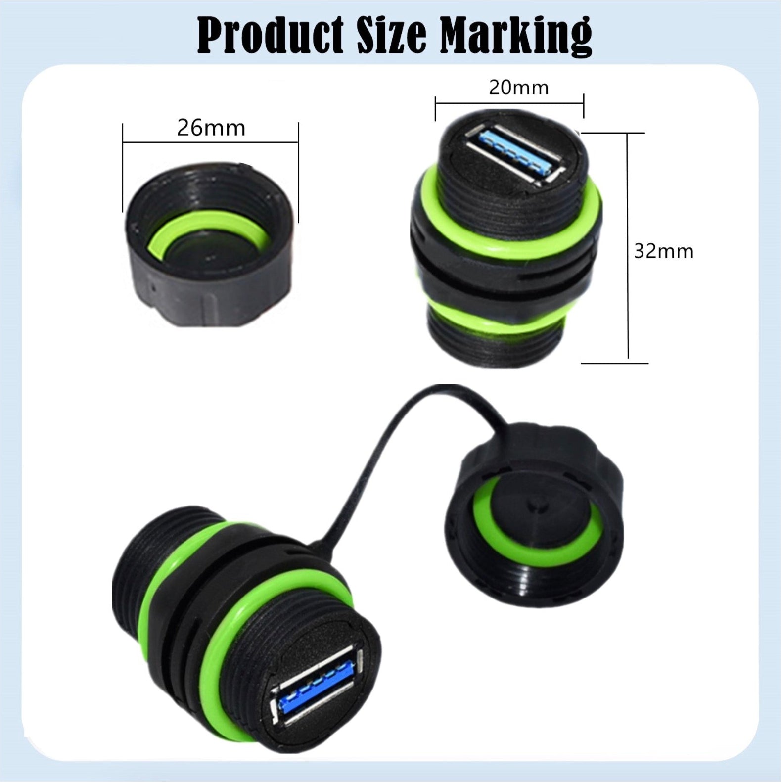 Black and green USB cable with measurements on a white background