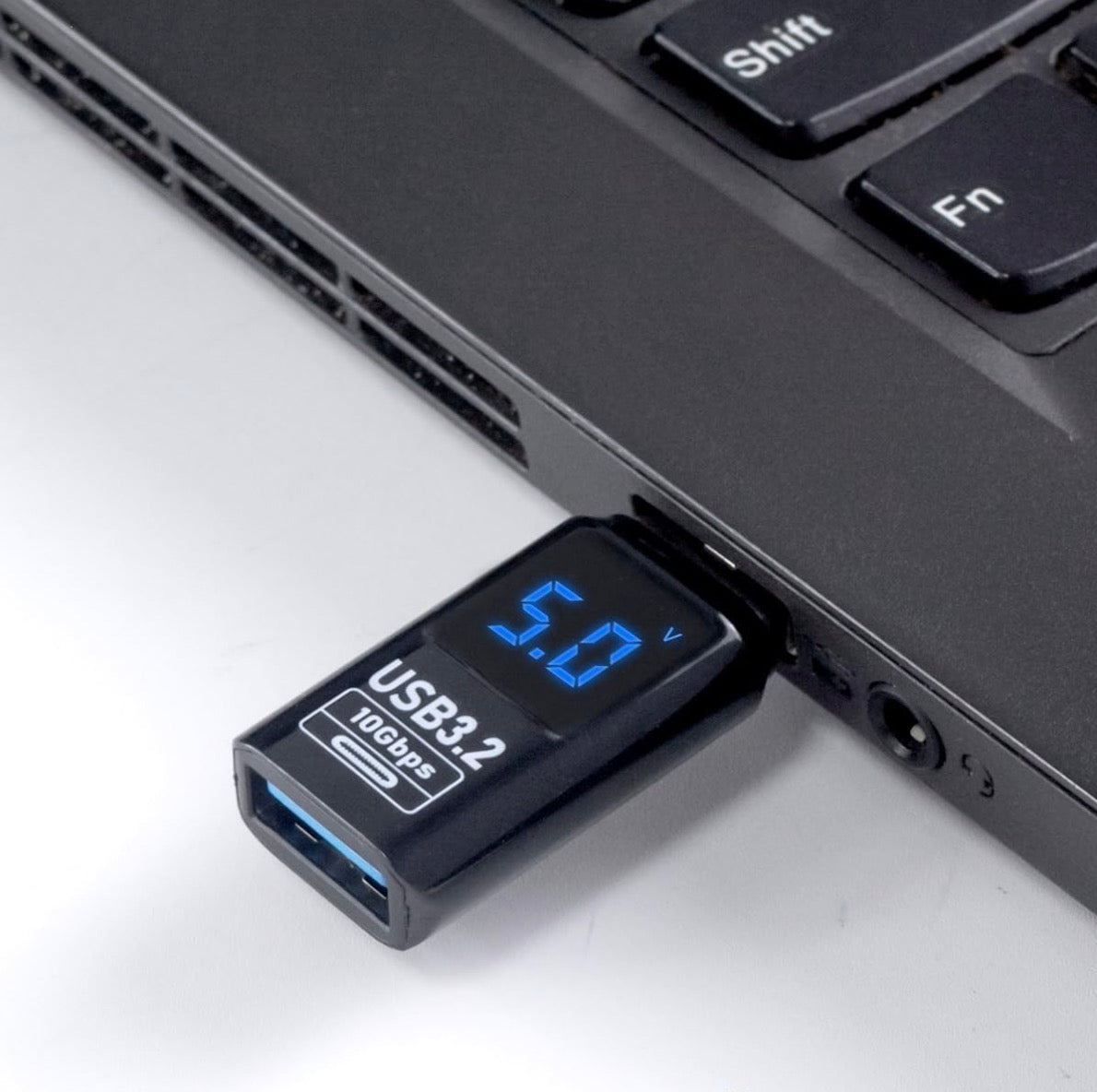 USB 3.2 Type-A male to Type-A female extension adapter with digital display, 10Gbps OTG USB extender in black housing