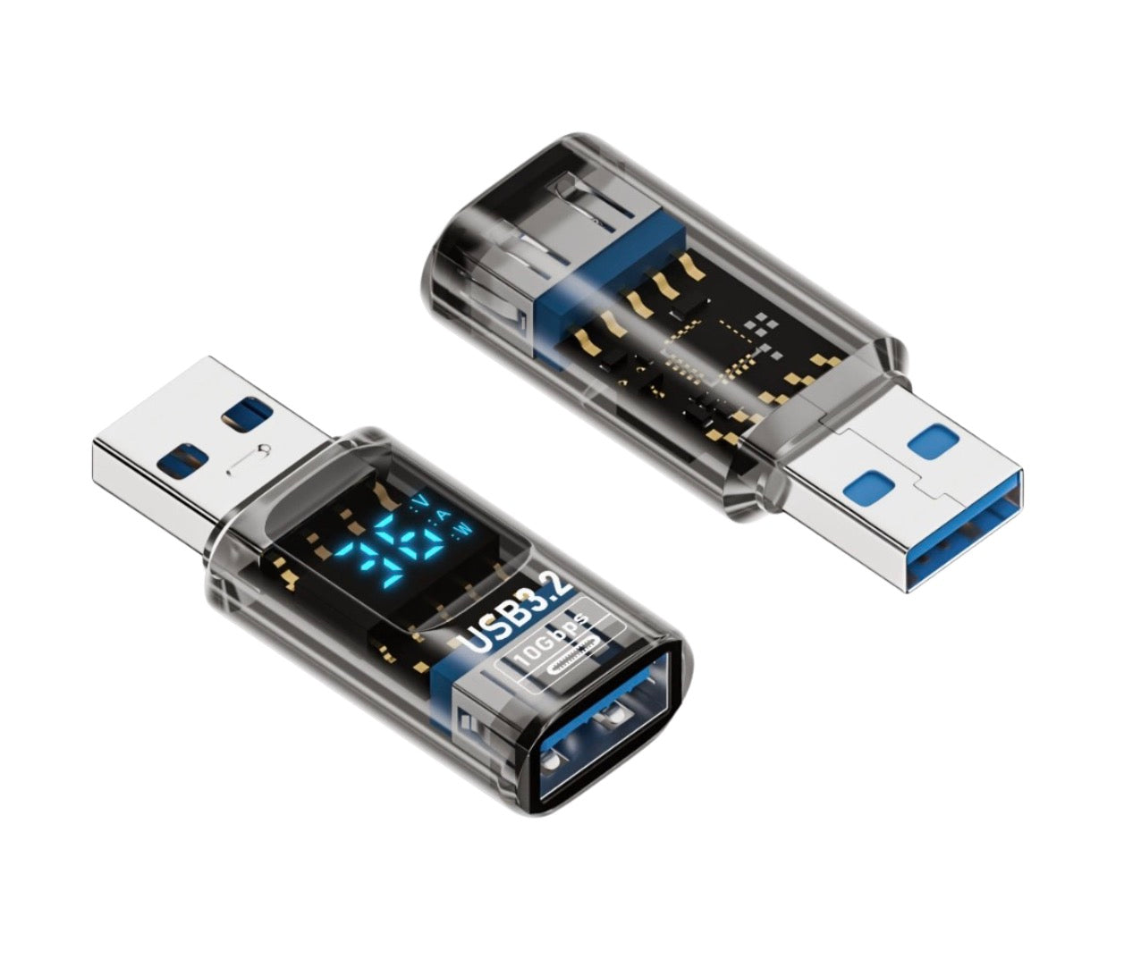USB 3.2 Type-A male to female extension adapter with digital display and transparent housing, 10Gbps OTG extender