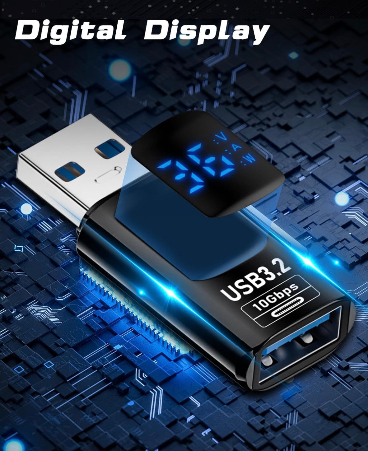 USB 3.2 Type-A male to female extension adapter with digital display and transparent housing, 10Gbps OTG extender