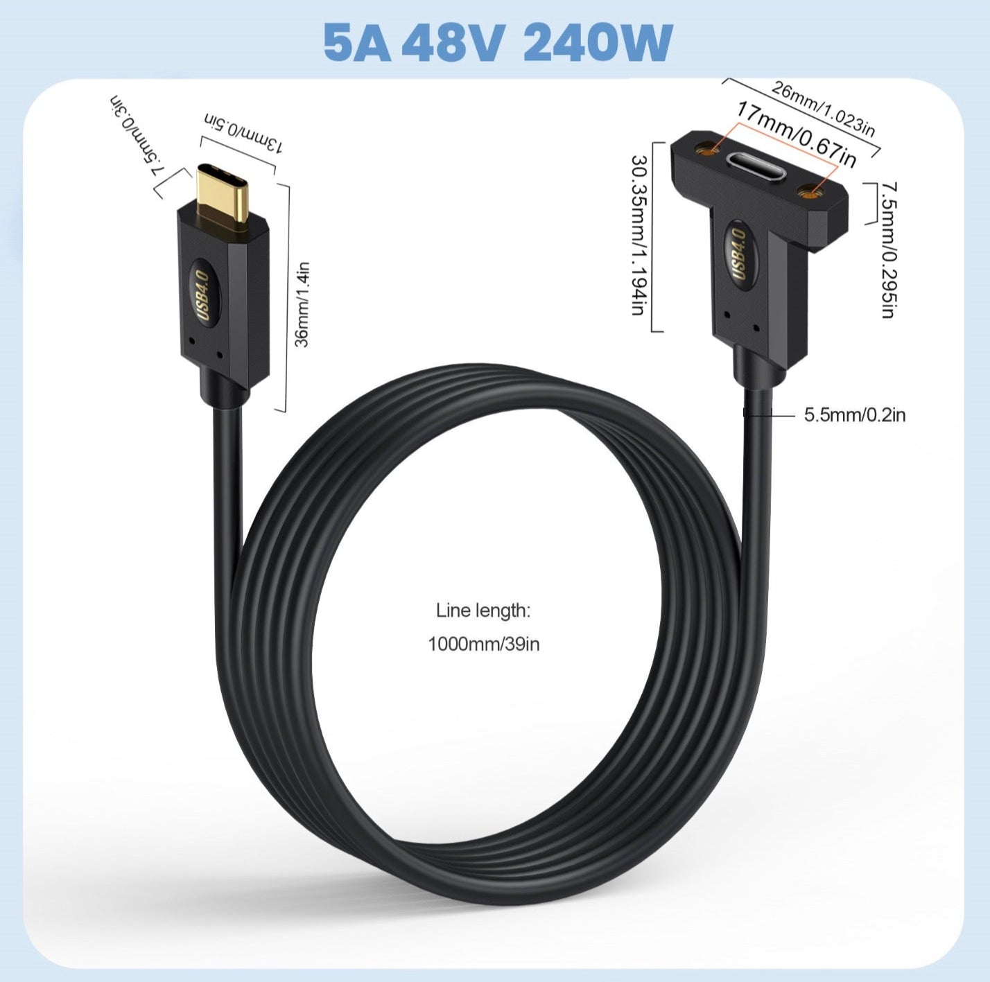 USB 4.0 Type-C male to female panel mount cable