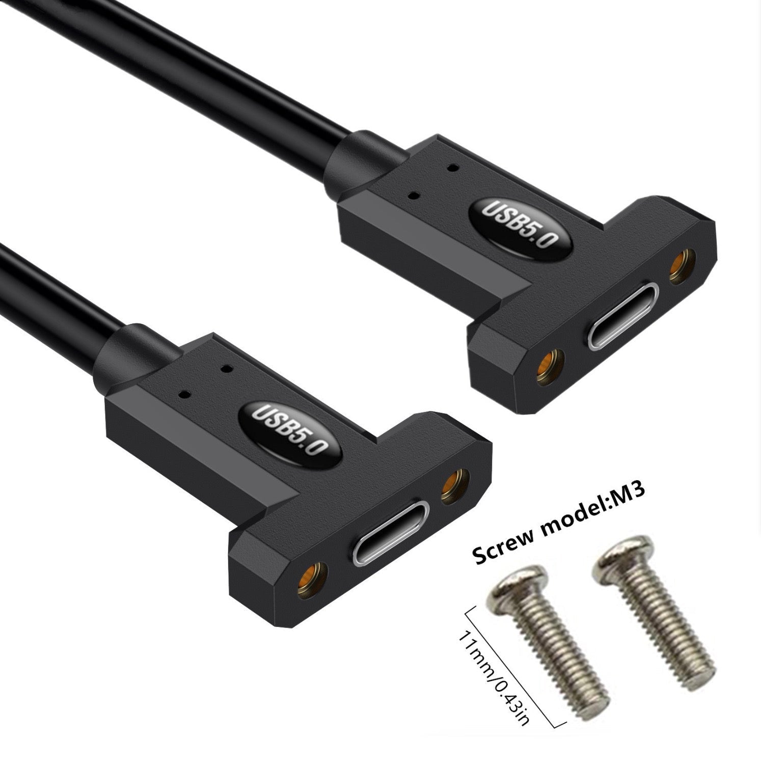 Black USB extension cable with two connectors and screws on a white background