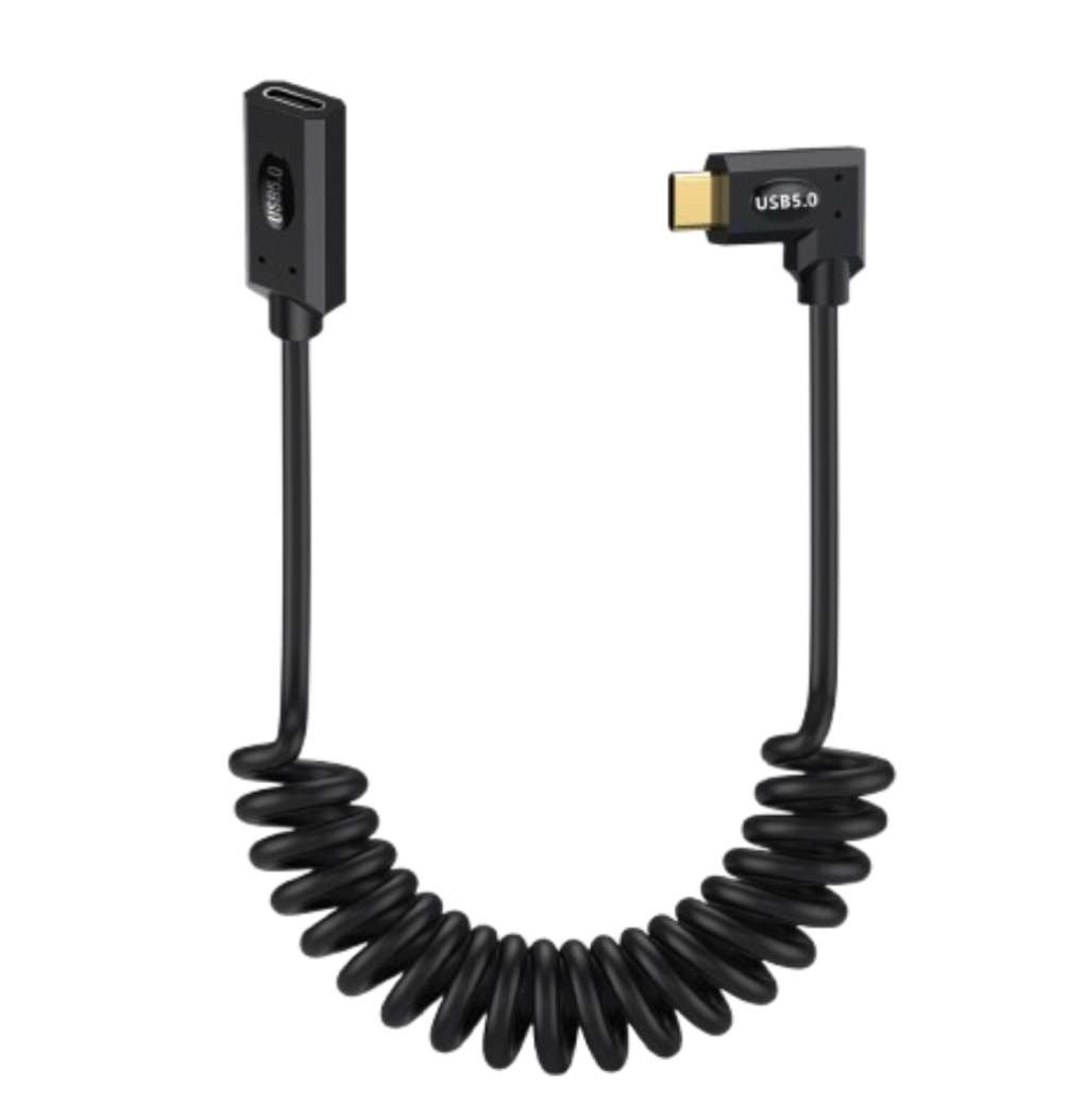 USB 5.0 Type-C coiled extension cable male to female with right-angle connector supporting 80Gbps data transfer and 240W fast charging