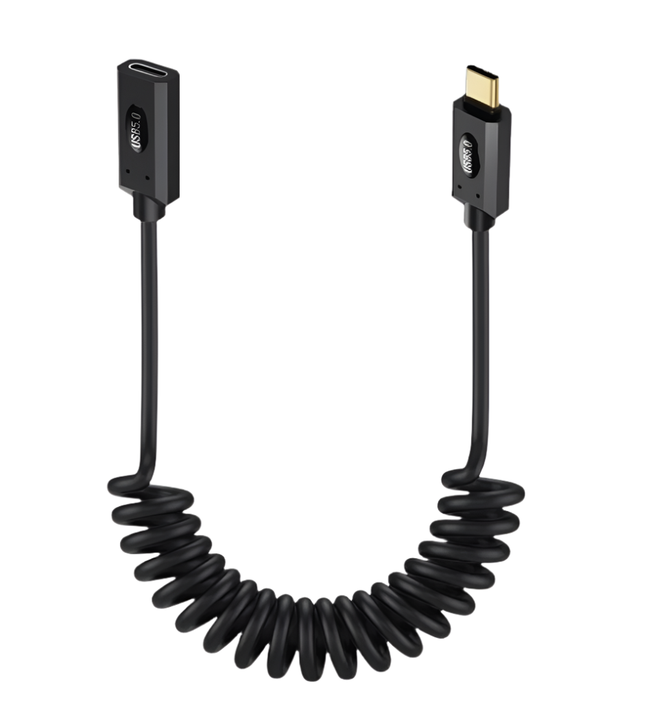 USB 5.0 Type-C spring extension cable male to female with right-angle connector supporting 80Gbps data transfer and 240W power delivery
