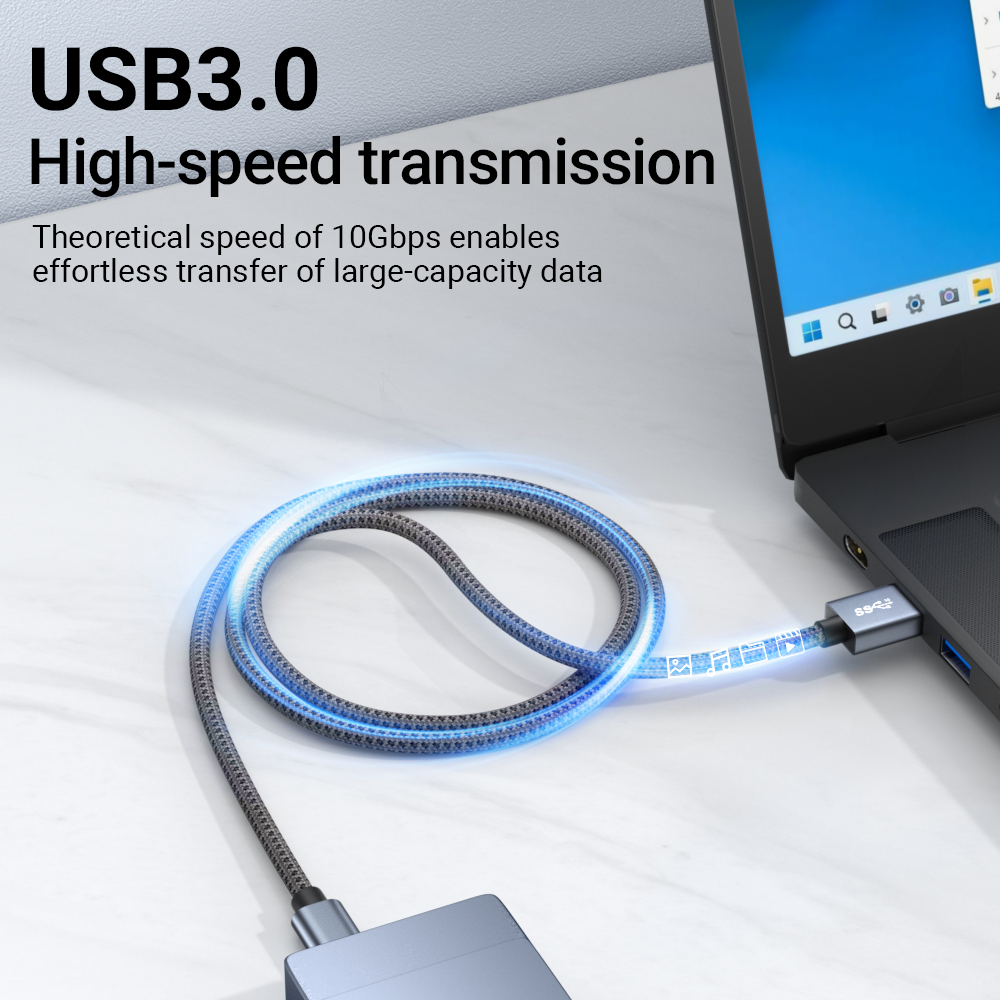 USB A to USB-C braided cable with aluminium alloy connectors
