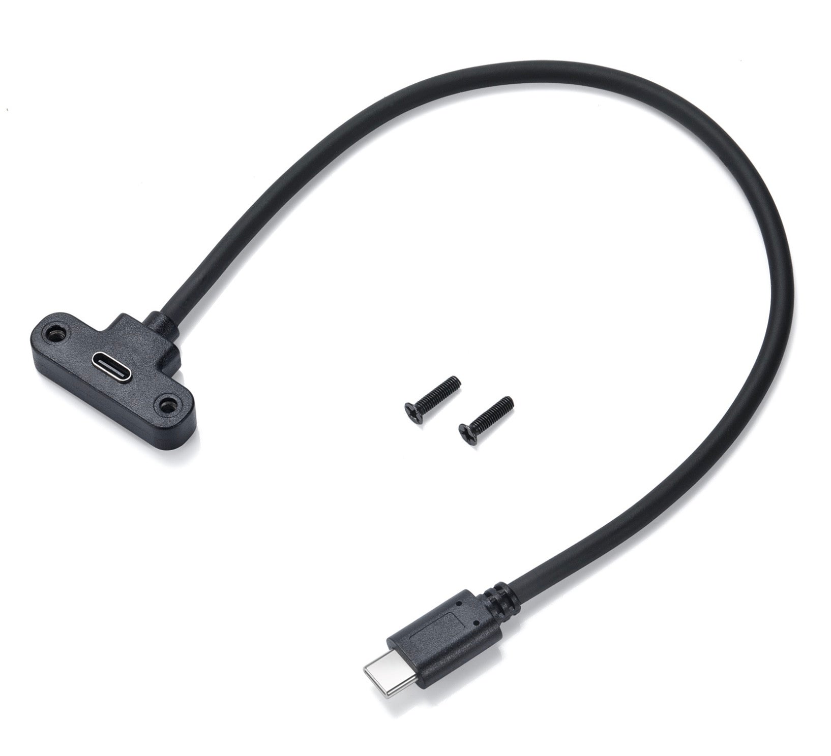 A black USB C male to USB C angled female panel mount extension cable, with two screws included.