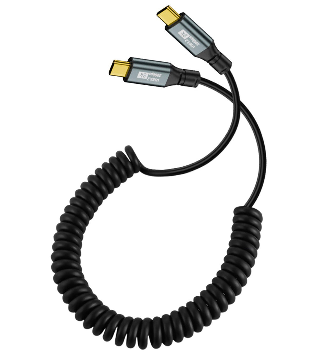 Black USB C PD 100W coiled charging cable close up