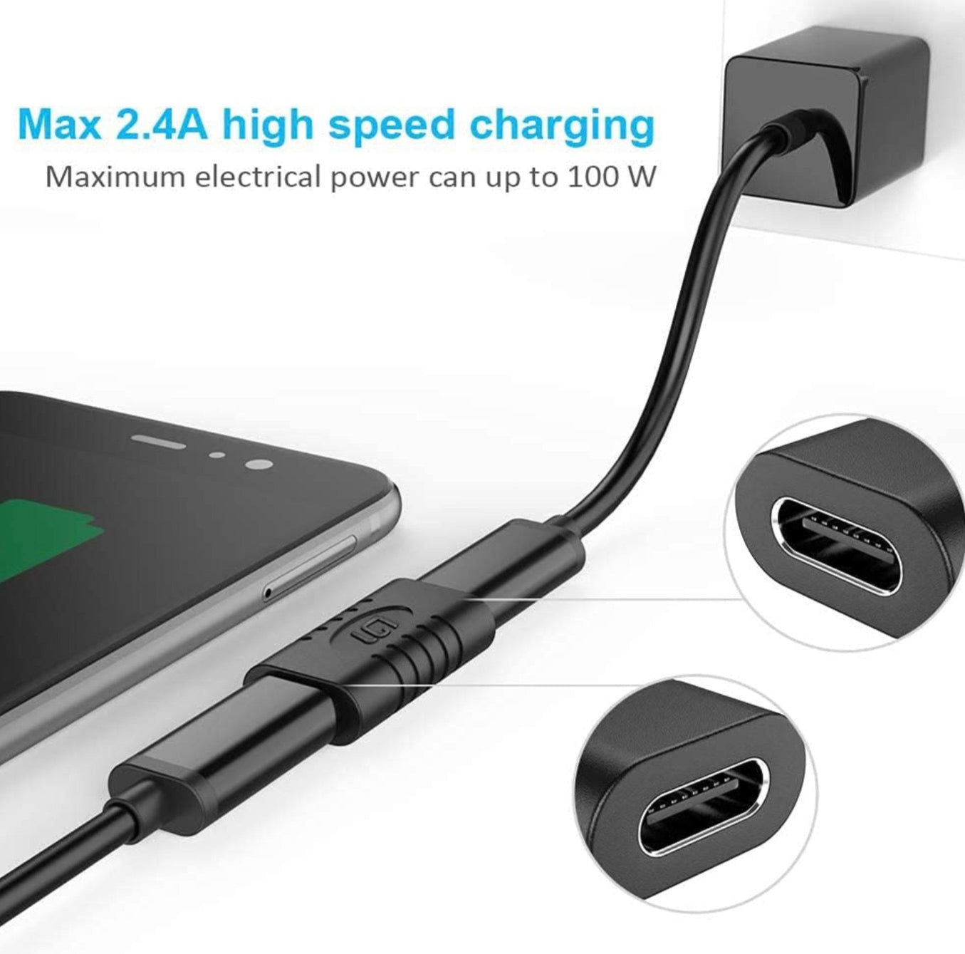 Charging cable with smartphone and close-ups of connectors on a white background.
