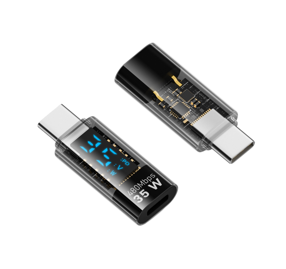 A USB C Male to 8Pin Female Data Extension Adapter with a digital display showing '35W'. The adapter has a clear, transparent design with visible internal components.