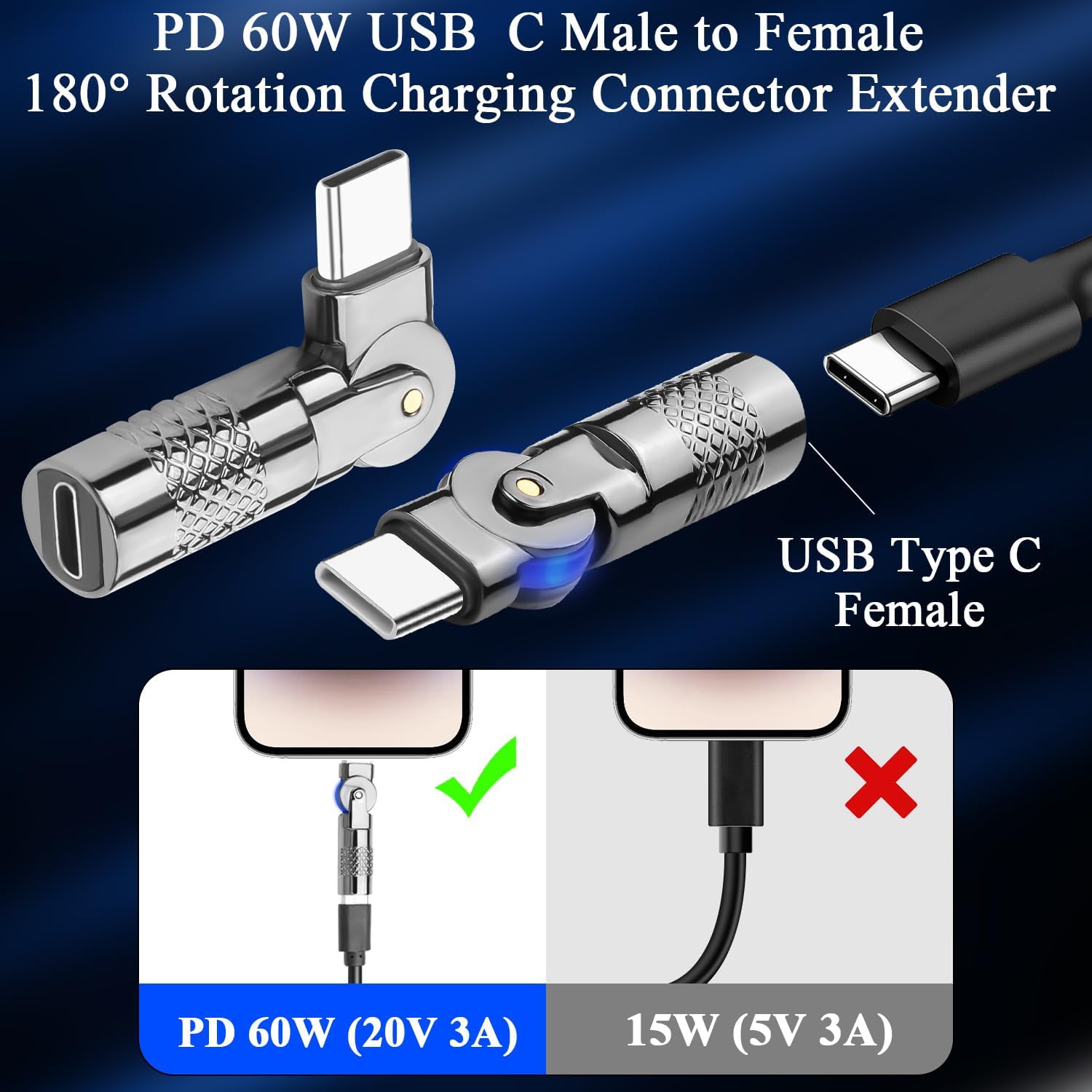 USB C 180° Angled Swivel Adapter, PD60W Type C Male to Female Rotatable Charging Connector