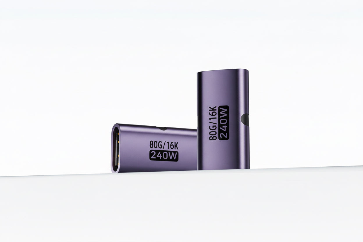 Two purple electronic devices with text on a white background